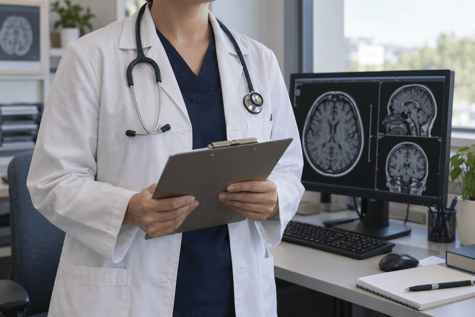 Illustrative doctor in a lab coat holding a clipboard beside an MRI screen, face out of frame