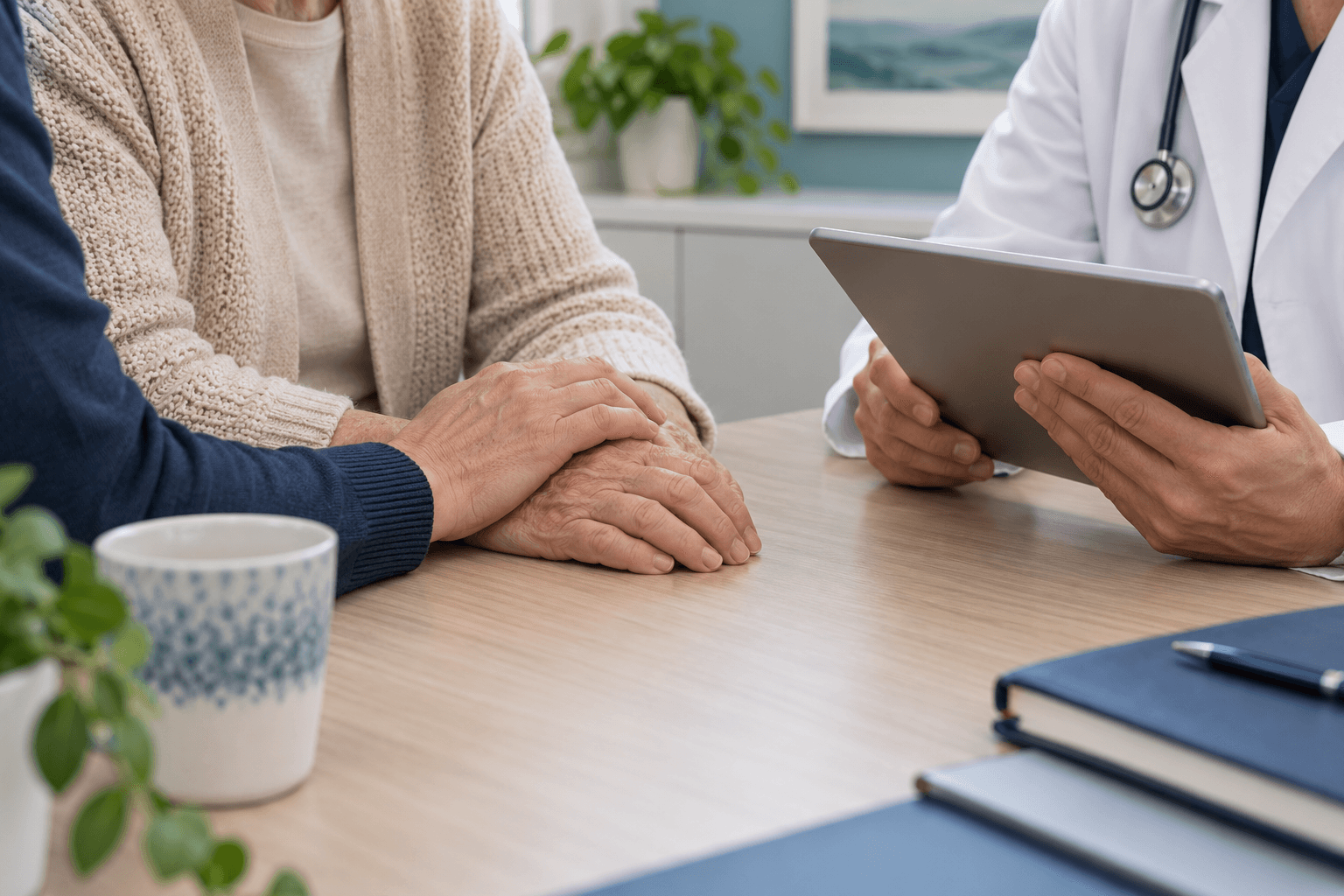 Illustrative family supporting an older adult during a doctor consultation, faces out of frame