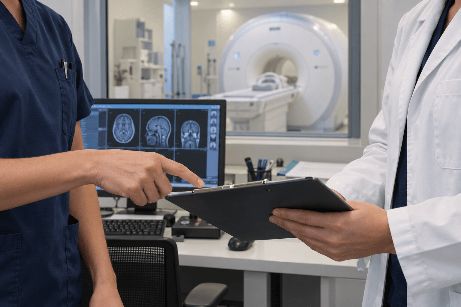 Illustrative imaging staff coordinating beside an MRI scanner, faces out of frame